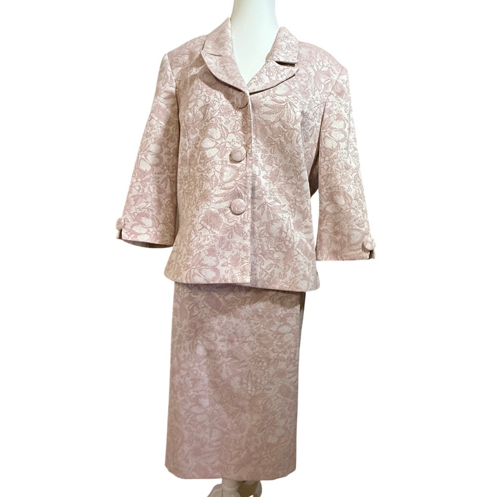 VTG Linea Domani Skirt Suit Womens 14‎ Pink Floral Jacquard 2pc Blazer Set Y1299